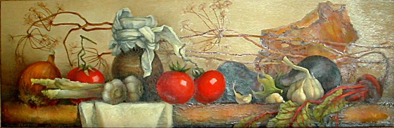 Натюрморт с помидорами. х.м 80х25 .