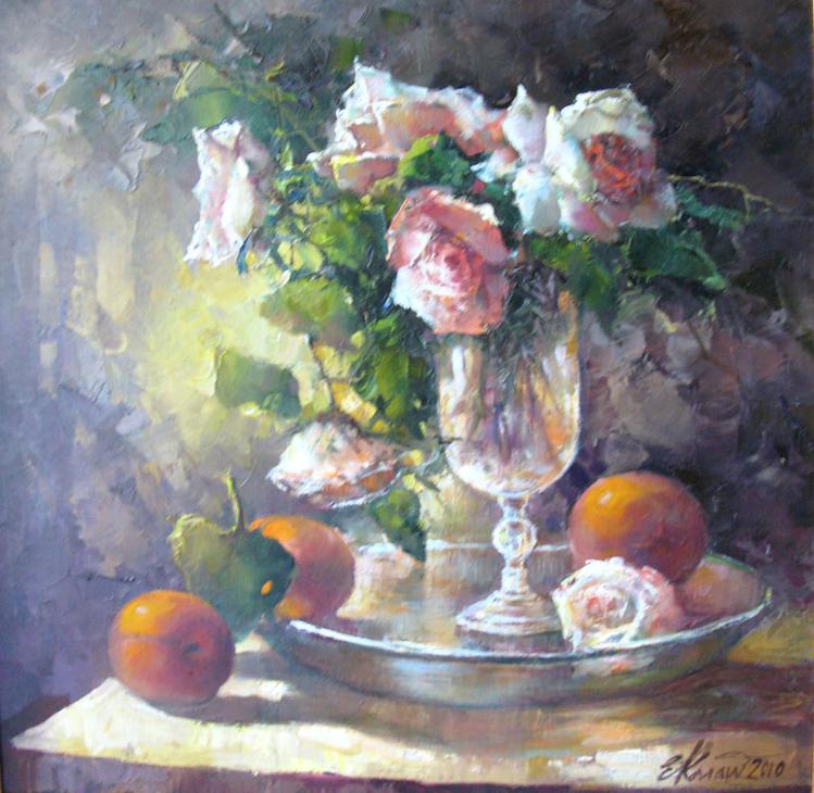 Натюрморт с розами и персиками